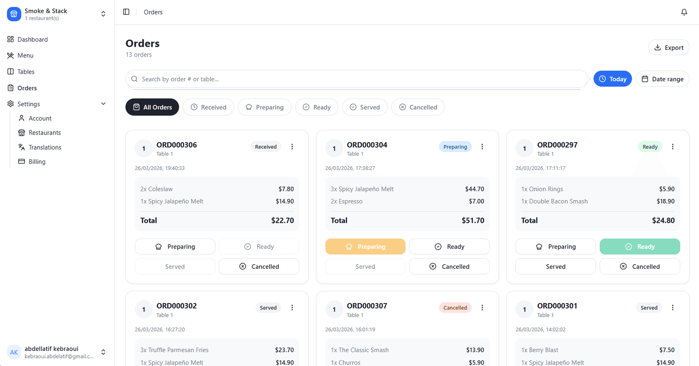 Restaurant settings page with branding, details, and live phone preview