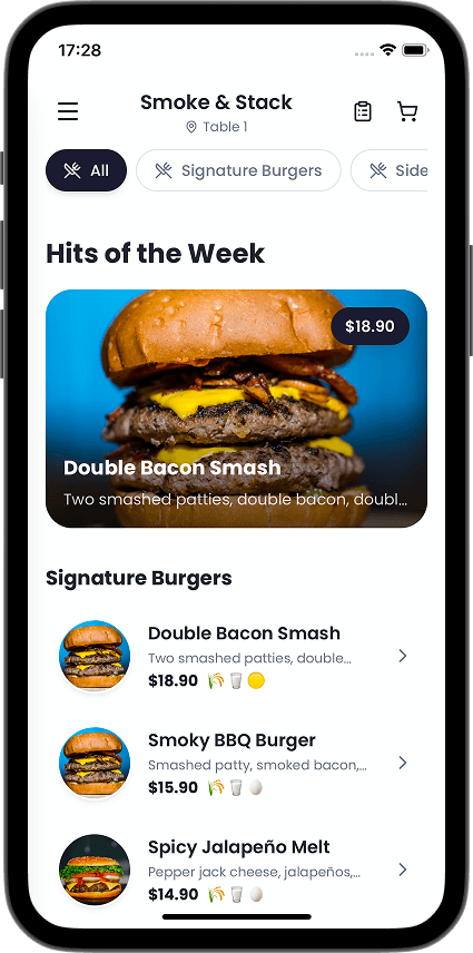 Customer menu with category tabs, featured dishes, and burger listings