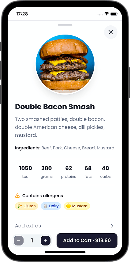 Item detail sheet with photo, description, nutrition info, allergens, and add-to-cart