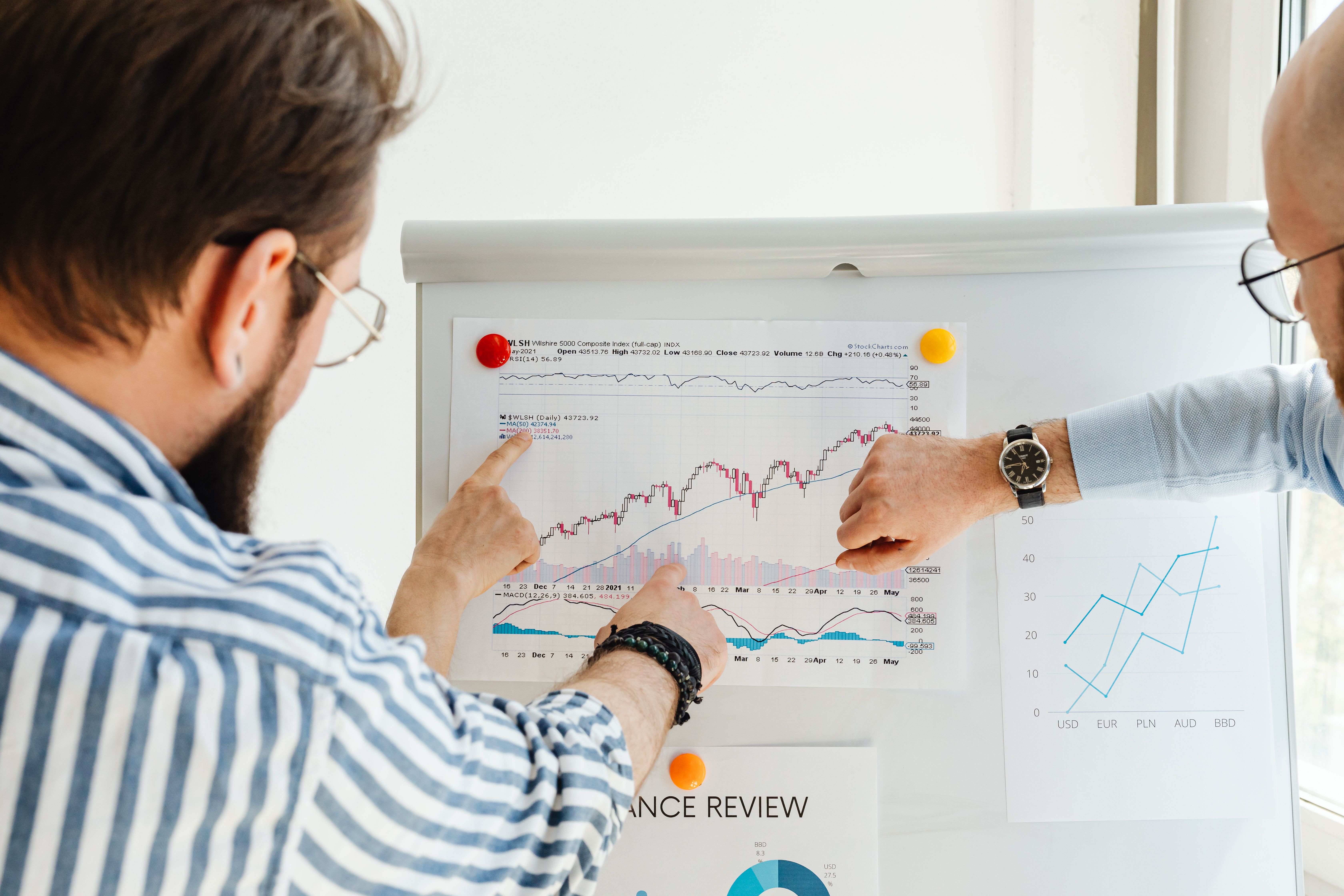 Two people reviewing a growth chart during a strategy review